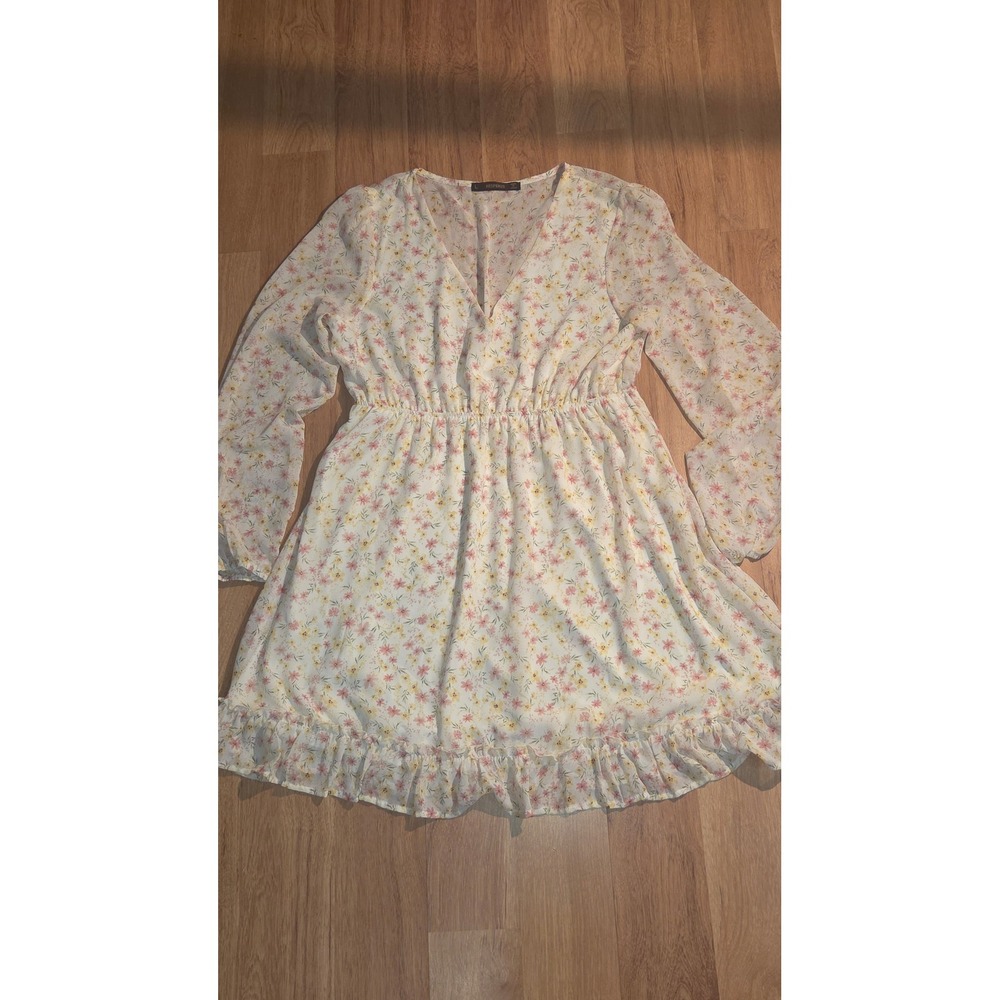 Hesperus Floral V-Neck Mini Dress Long Sleeve Ruffle Hem Cream Pink Large